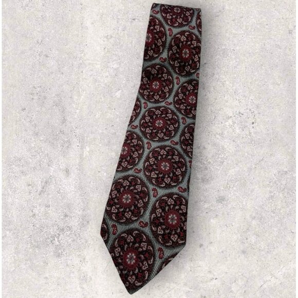 GIANNI VERSACE VINTAGE Silk Tie ITALY Burgundy Gray Floral Paisley W:3.2